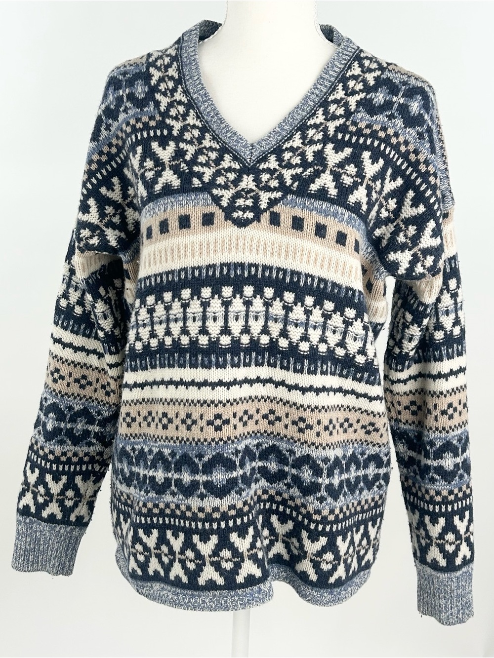 Madewell XS Fair Isle Wool Blend Nordic V Neck Oversized Sweater